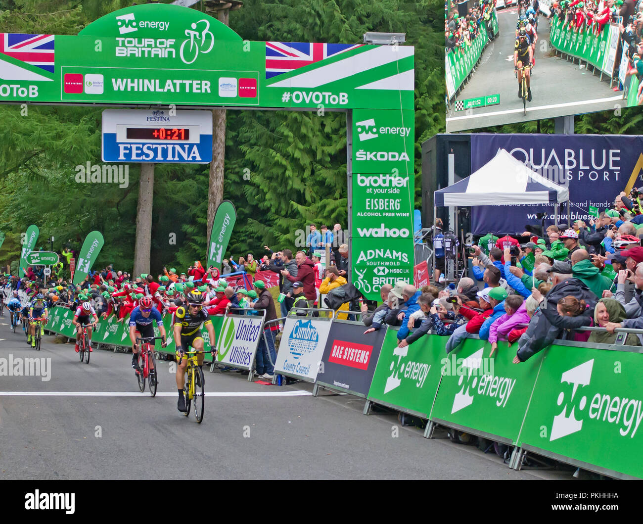 Jonathan Hibert (4th) Direct Energie, Patrick Bevin (5th) BMC & Tom Pidcock (6th) Team Wiggins, al traguardo, Stage 6 tour della Gran Bretagna il 7 settembre 2018 Foto Stock