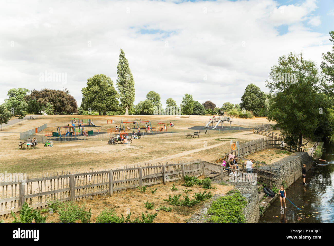 Chelmsford Essex, Regno Unito - 28 Luglio 2018: famiglie inglesi godendo di bella e soleggiata Sabato, bambini che giocano nel parco giochi e relax presso le rive Foto Stock