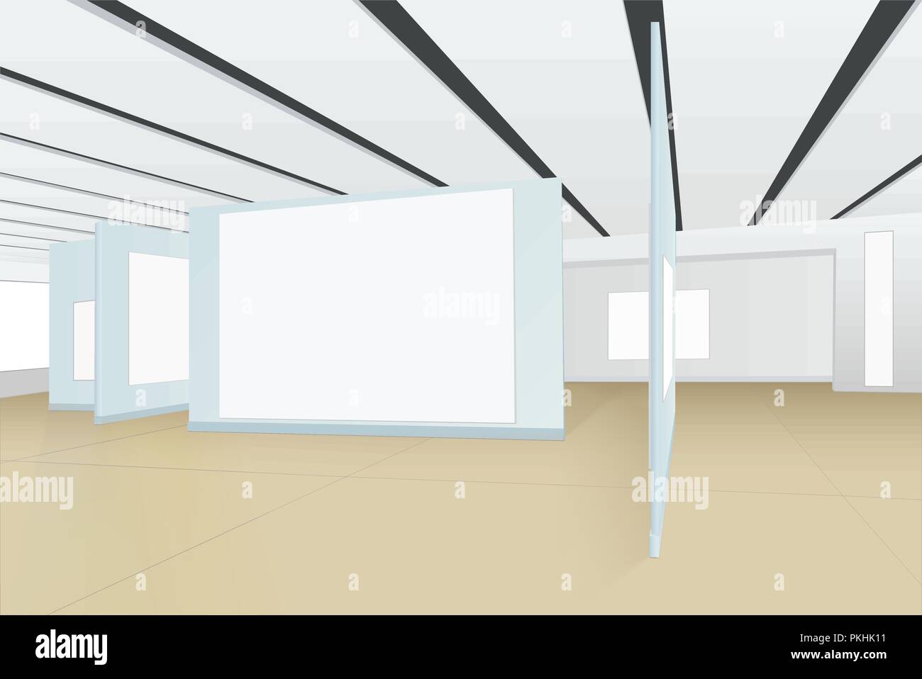 3-D panorama della sala vuota della galleria di immagini con le schede per quadri, fotografie e altri reperti, bianco luoghi isolati per le immagini Illustrazione Vettoriale