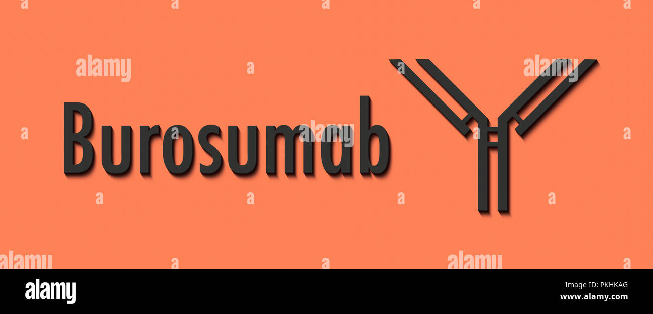 Burosumab anticorpo monoclonale farmaco. Utilizzato nel trattamento di X-linked ipofosfatemia. Nome generico e stilizzata rappresentazione di anticorpo. Foto Stock