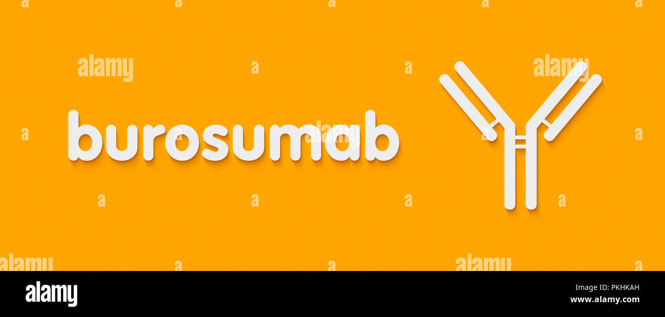 Burosumab anticorpo monoclonale farmaco. Utilizzato nel trattamento di X-linked ipofosfatemia. Nome generico e stilizzata rappresentazione di anticorpo. Foto Stock