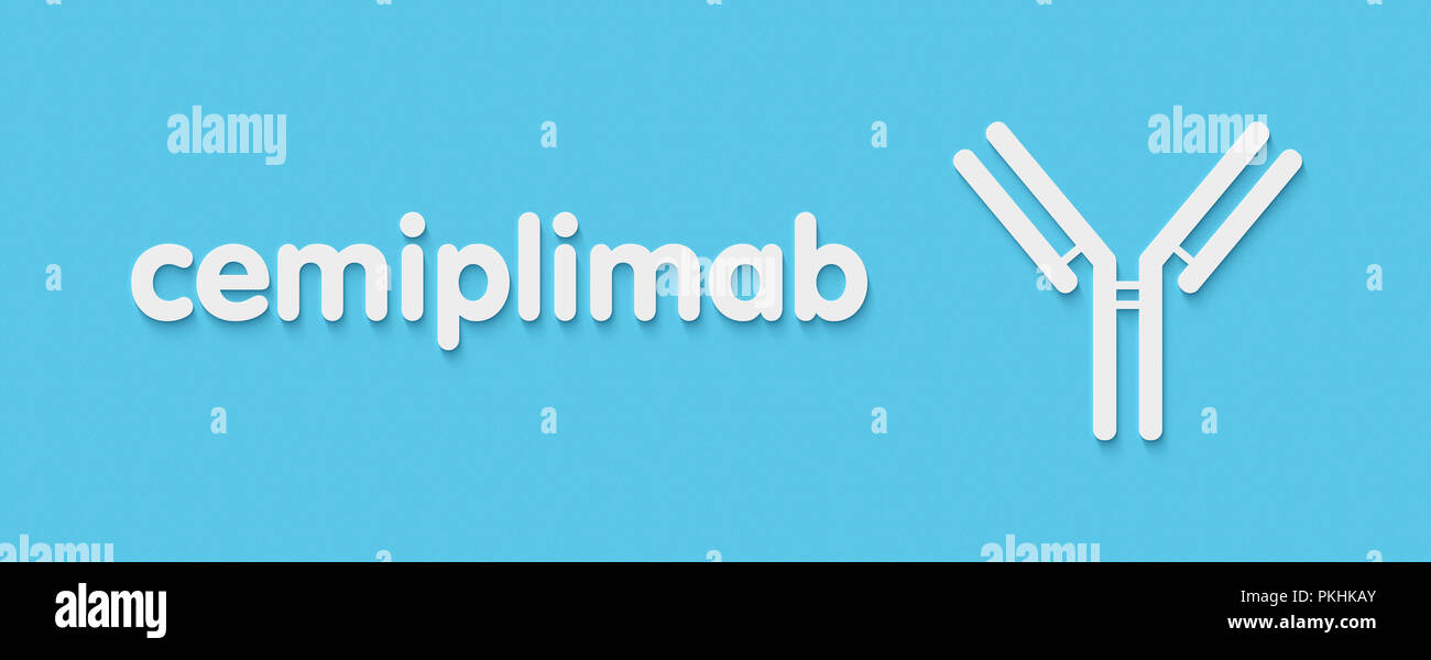 Cemiplimab anticorpo monoclonale farmaco. Utilizzato nel trattamento di cancro. Nome generico e stilizzata rappresentazione di anticorpo. Foto Stock