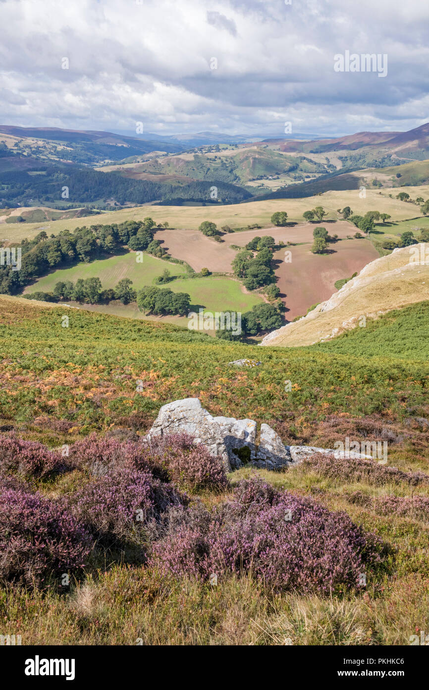 Una vista da Nord di scarpata Eglwyseg giù le Dee Valley e il Vale of Llangollen, Wales, Regno Unito Foto Stock