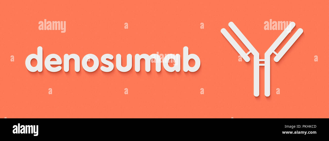 Denosumab anticorpo monoclonale farmaco. Obiettivi, RANKL indicazioni per l'uso includono l'osteoporosi e metastasi ossee. Nome generico e stilizzata re di anticorpo Foto Stock