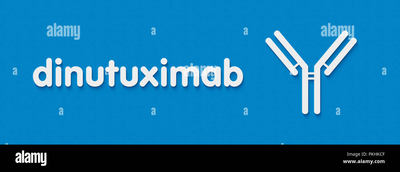 Dinutuximab anticorpo monoclonale farmaco. Obiettivi GD2 e viene utilizzato nel trattamento di neuroblastoma. Nome generico e stilizzata rappresentazione di anticorpo. Foto Stock