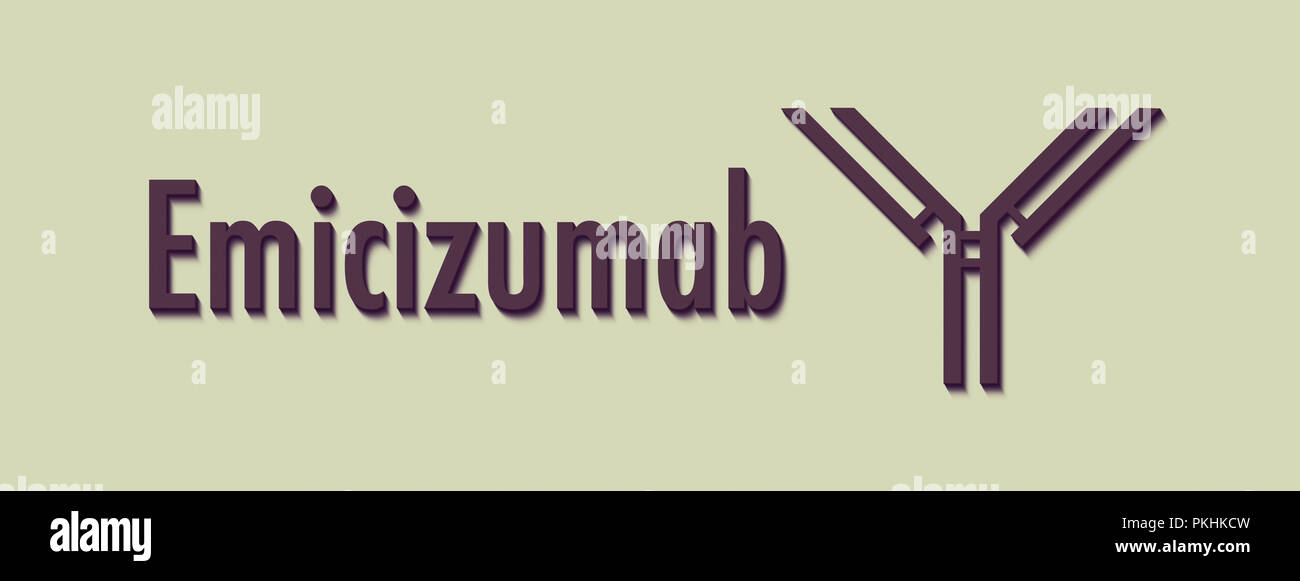 Emicizumab anticorpo monoclonale farmaco. Utilizzato nel trattamento della emofilia A. nome generico e stilizzata rappresentazione di anticorpo. Foto Stock