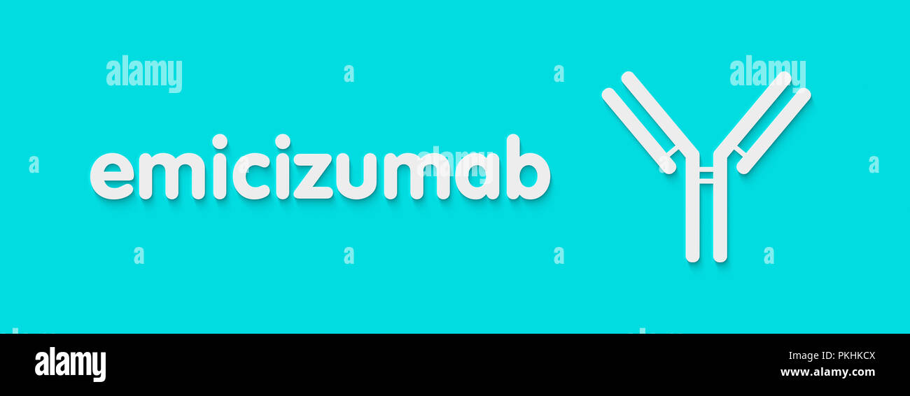 Emicizumab anticorpo monoclonale farmaco. Utilizzato nel trattamento della emofilia A. nome generico e stilizzata rappresentazione di anticorpo. Foto Stock