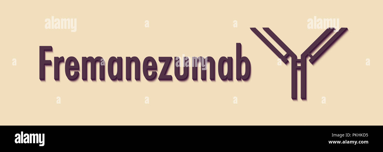 Fremanezumab anticorpo monoclonale farmaco. Obiettivi al gene della calcitonina peptidi correlati (CGRP) A e B. nome generico e stilizzata rappresentazione di anticorpo. Foto Stock