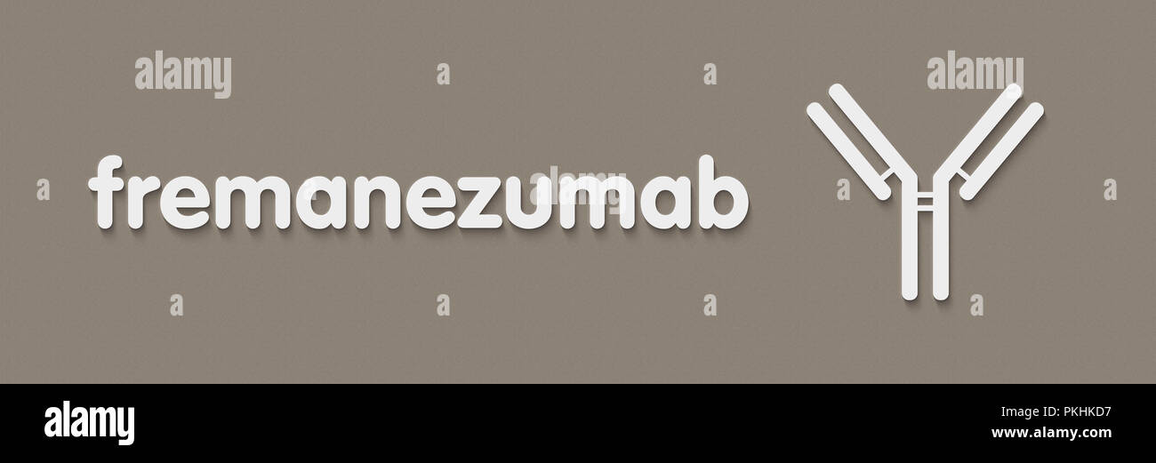 Fremanezumab anticorpo monoclonale farmaco. Obiettivi al gene della calcitonina peptidi correlati (CGRP) A e B. nome generico e stilizzata rappresentazione di anticorpo. Foto Stock