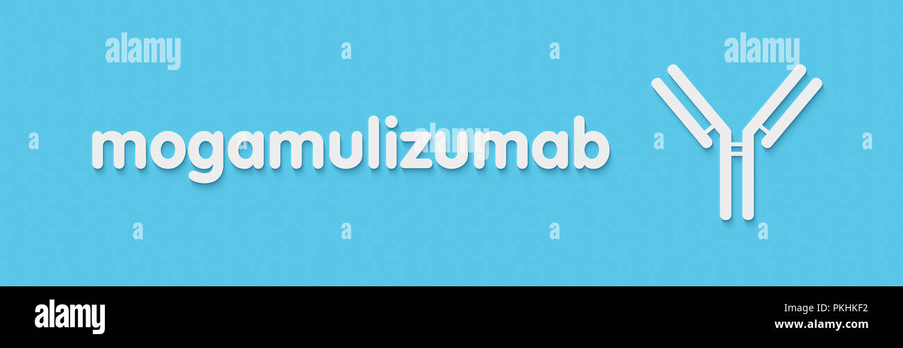 Mogamulizumab anticorpo monoclonale farmaco. Obiettivi di CCR4. Nome generico e stilizzata rappresentazione di anticorpo. Foto Stock