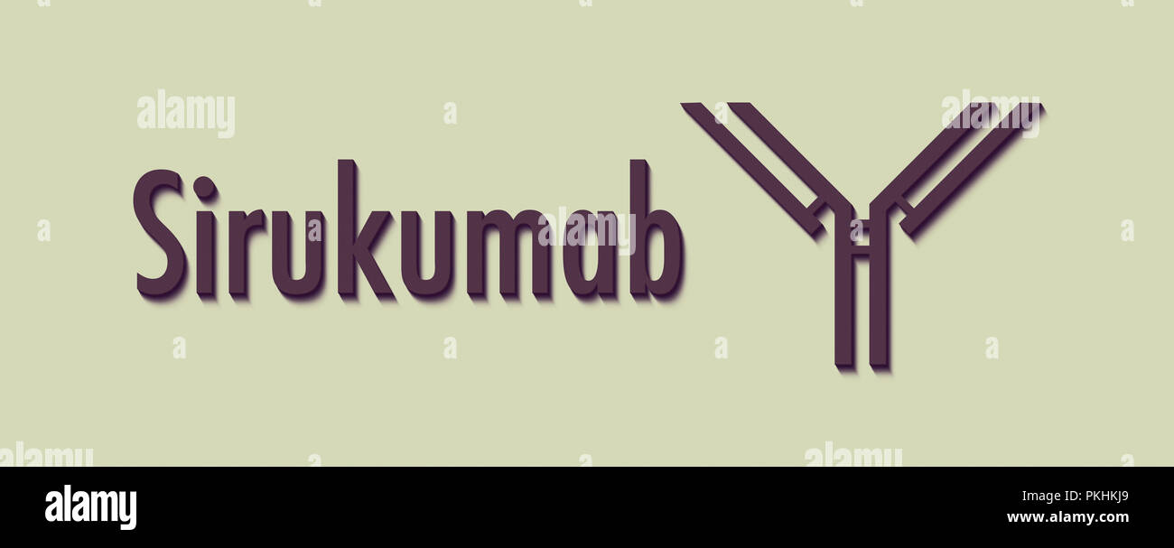 Sirukumab anticorpo monoclonale farmaco. Obiettivi IL-6. Nome generico e stilizzata rappresentazione di anticorpo. Foto Stock