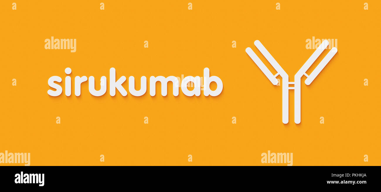 Sirukumab anticorpo monoclonale farmaco. Obiettivi IL-6. Nome generico e stilizzata rappresentazione di anticorpo. Foto Stock