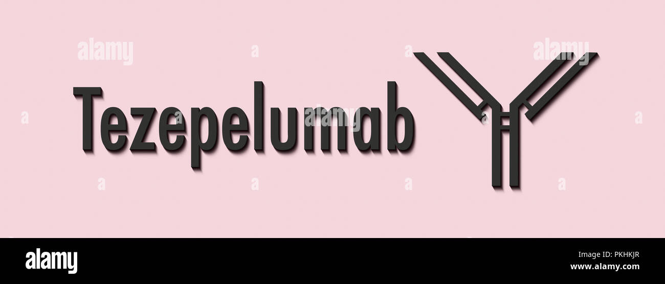 Tezepelumab anticorpo monoclonale farmaco. Obiettivi timici lymphopoietin stromale (TSLP). Nome generico e stilizzata rappresentazione di anticorpo. Foto Stock