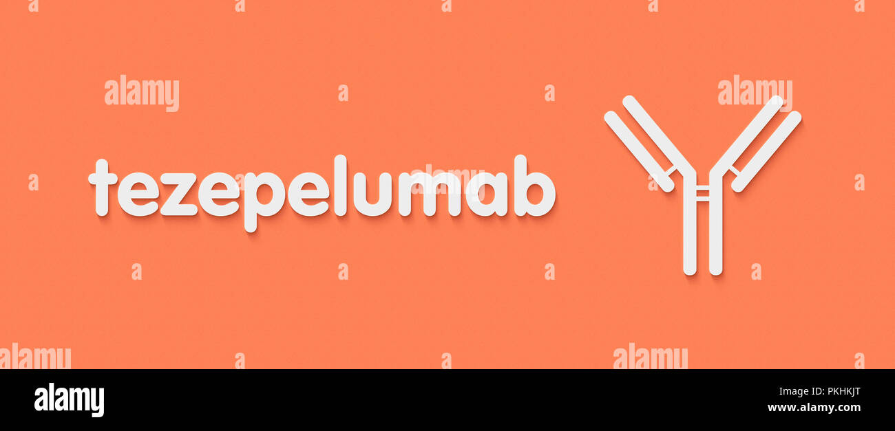 Tezepelumab anticorpo monoclonale farmaco. Obiettivi timici lymphopoietin stromale (TSLP). Nome generico e stilizzata rappresentazione di anticorpo. Foto Stock
