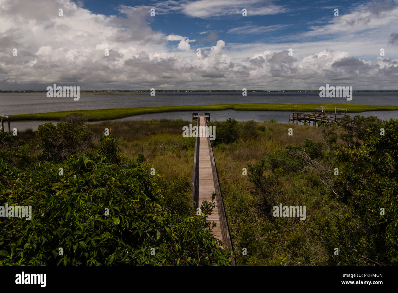 Lungo il molo Boga Suono, Isola di Smeraldo, North Carolina paesaggio Foto Stock