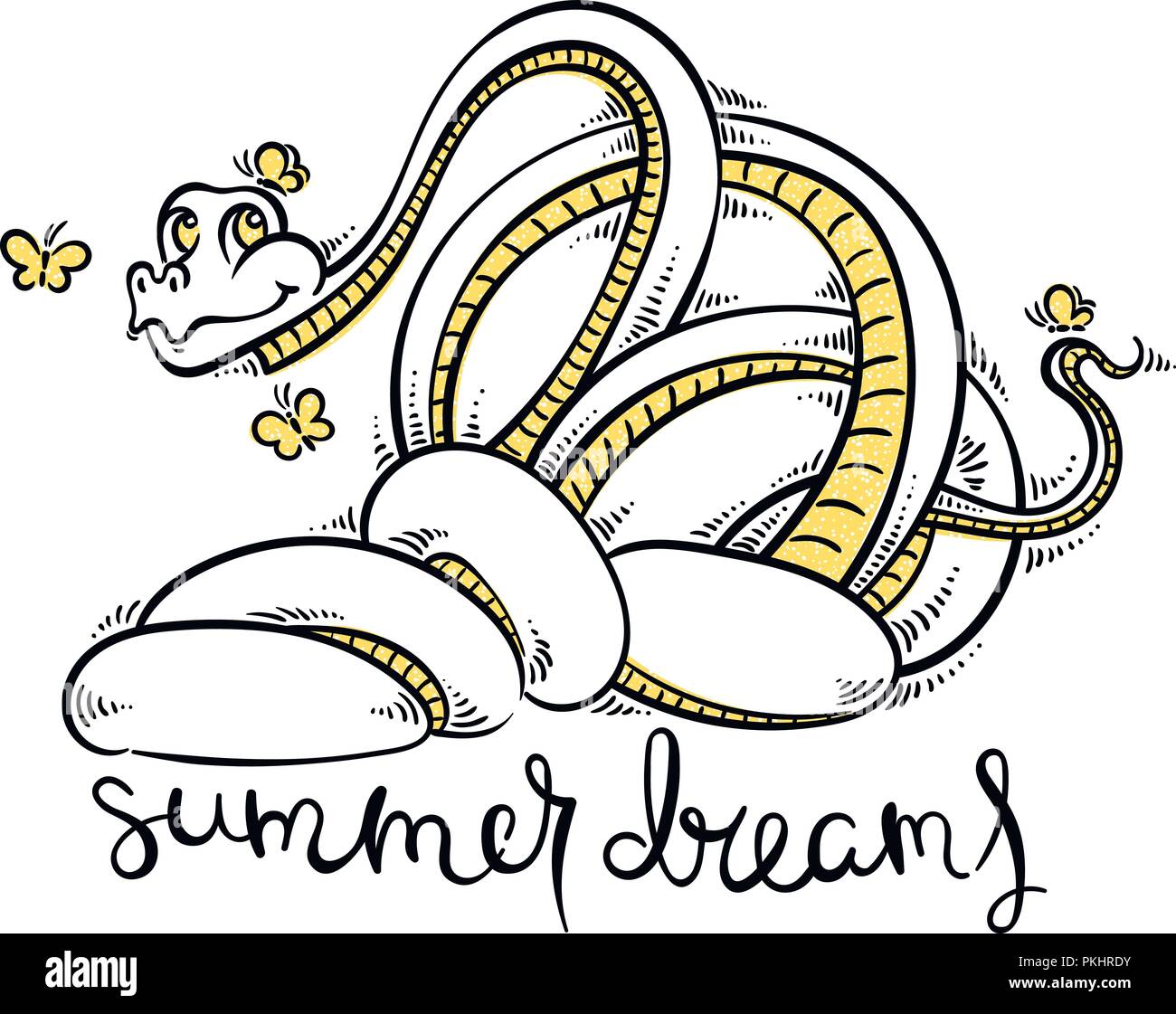 Summer Dreams. Divertente e amichevole cartoon snake con farfalle. Carino illustrazione vettoriale per bambini, stampe, design, schede di colorazione. Illustrazione Vettoriale