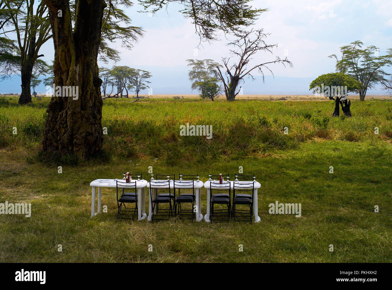 Set di tabelle per il pranzo nel cratere di Ngorongoro Foto Stock