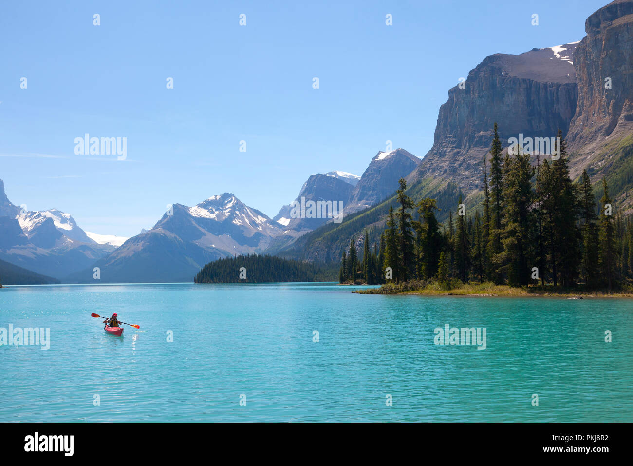 Spirit Island sul Lago Maligne, il Parco Nazionale di Jasper. Alberta, Canada. Foto Stock