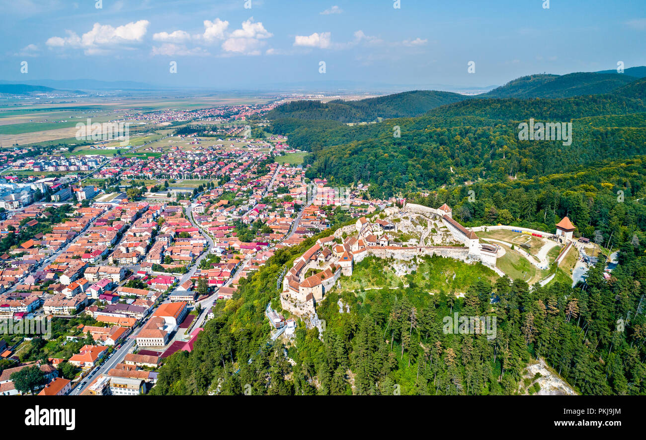 Vista aerea della fortezza Rasnov in Romania Foto Stock