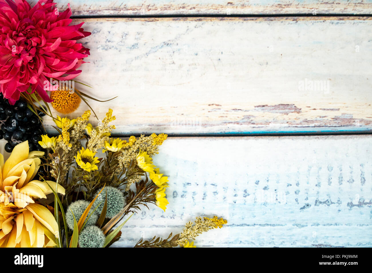 Piuttosto autunno sfondo su una cornice di legno. Fiori di caduta, mamme e fogliame. Extra spazio di copia Foto Stock