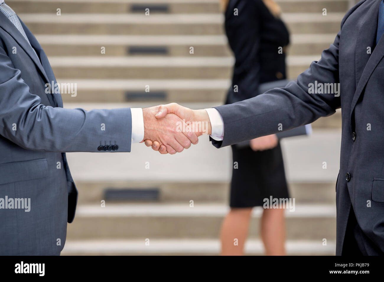 Professional handshake femmina con il collega in background Foto Stock
