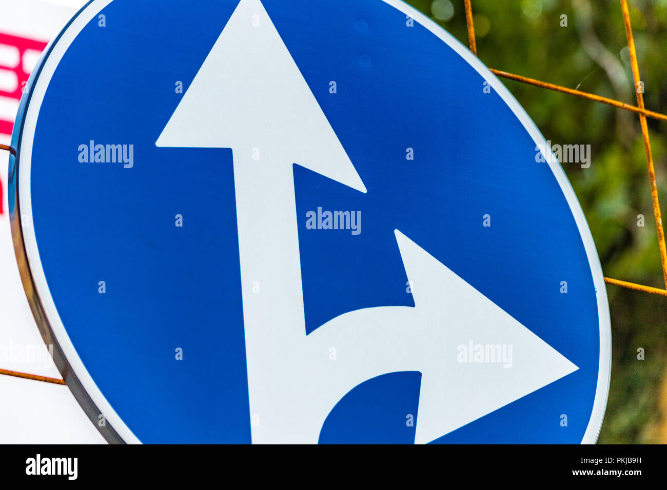 Vista dettagliata del traffico segno di freccia, frecce bianche sul cartello  blu Foto stock - Alamy