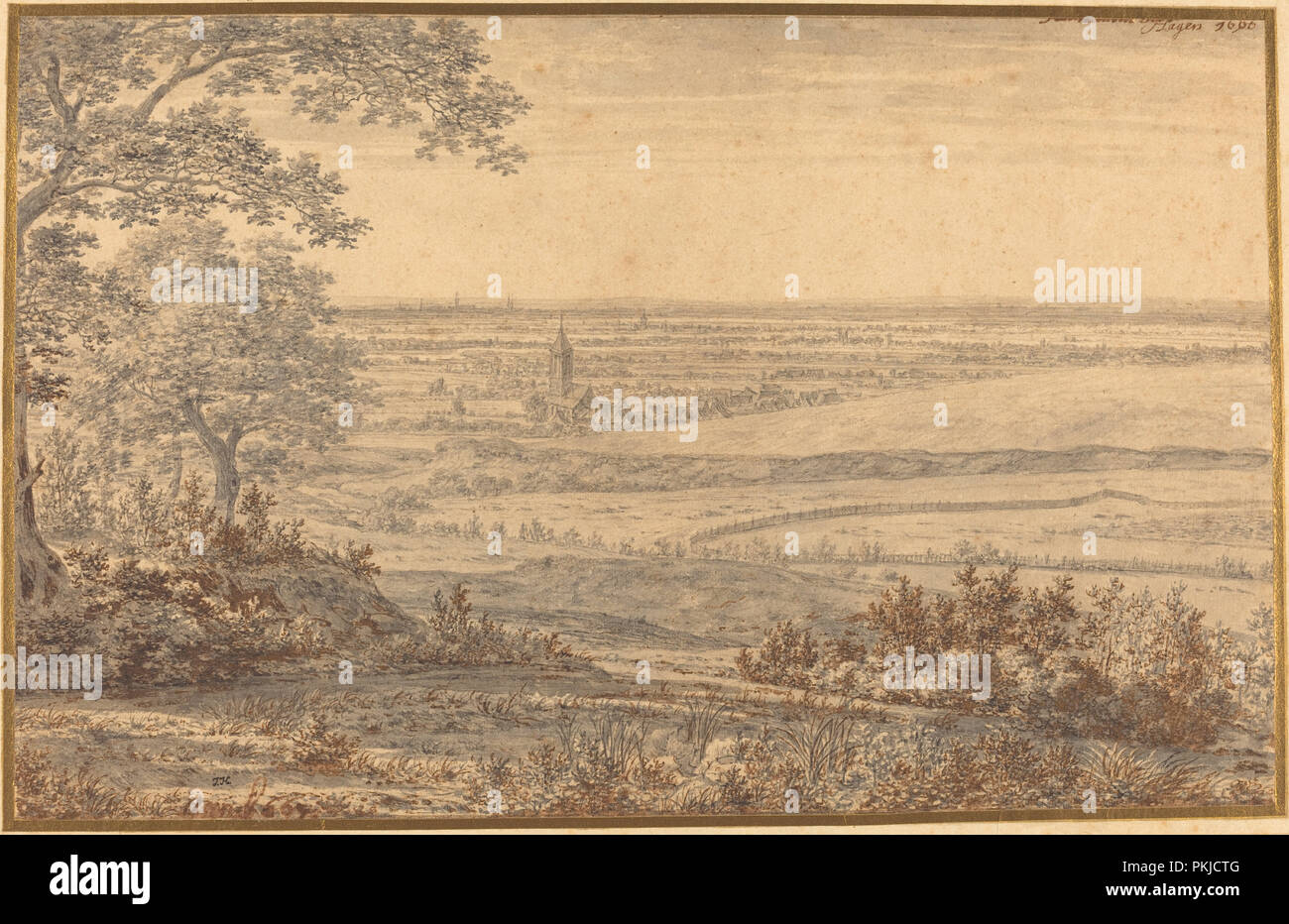 Ampio panorama visto dal bordo di una foresta. Data: 1666. Dimensioni: foglio: 25,7 × 40,4 cm (10 1/8 × 15 7/8 in.). Medium: penna e grigio e marrone con inchiostro grigio lavare oltre gesso nero su carta vergata. Museo: National Gallery of Art di Washington DC. Autore: JORIS VAN DER HAAGEN. Foto Stock