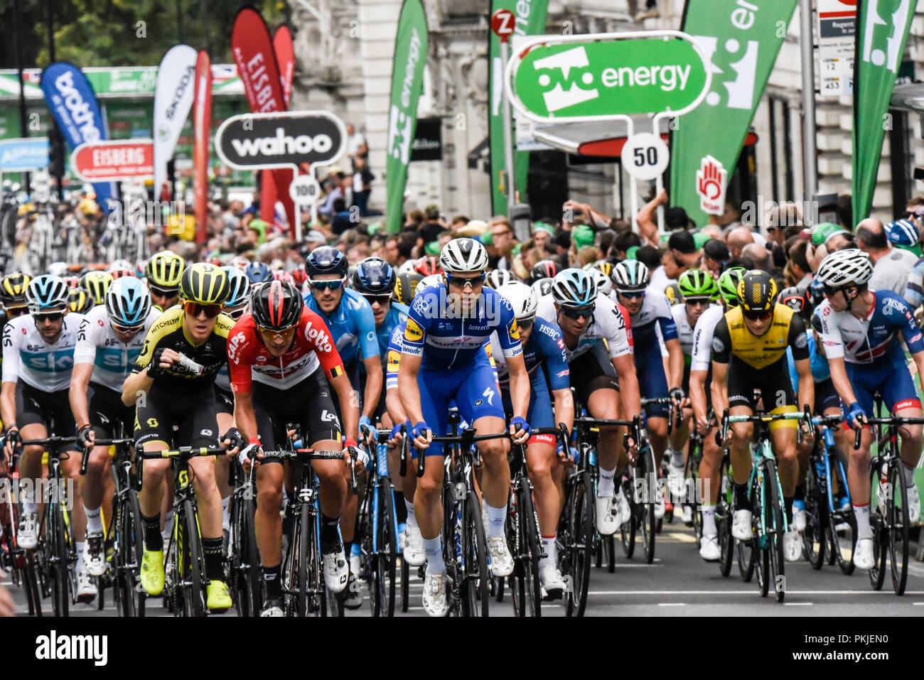 Peloton in Regent Street presso l'OVO Energy Tour della Gran Bretagna cycle race, stadio 8, Londra, Regno Unito. Lotto Soudal, Quick Step piani Foto Stock