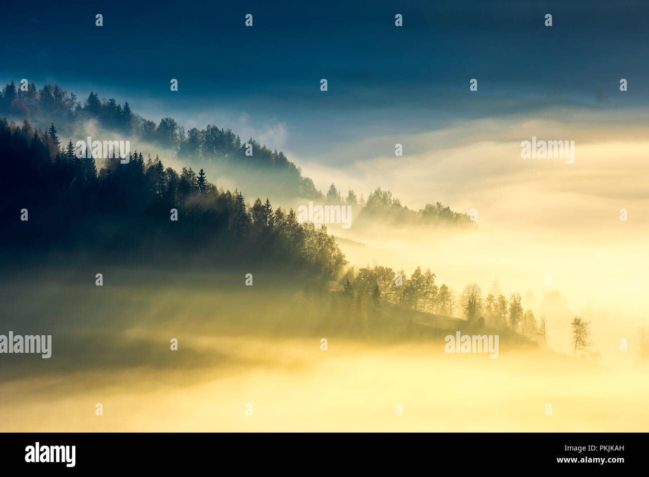 Profondo nebbia sopra la valle di sunrise. autunno magnifico sfondo di montagne. incantevole natura paesaggio astratto Foto Stock