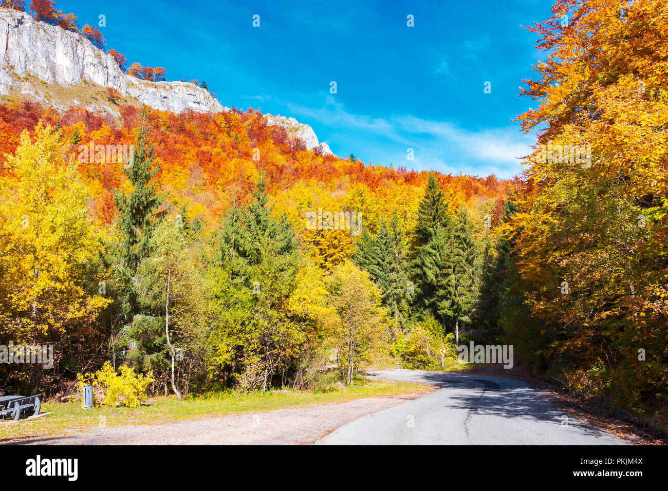 Viaggio attraverso le splendide serpentina in autunno foresta. enorme formazione rocciosa sulla collina sopra il percorso. bellissima natura e meteo. foglie colorate Foto Stock