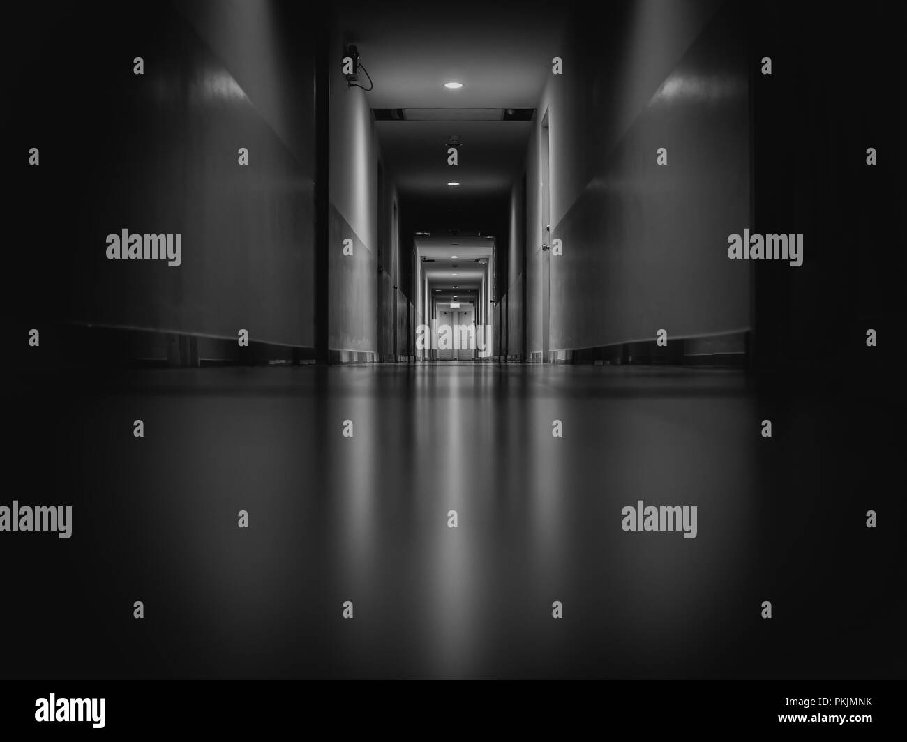 Dark misterioso corridoio dell'edificio. Camera porta prospettiva in  solitario edificio tranquillo con luce in bianco e nero in stile horror.  concetto del paesaggio Foto stock - Alamy