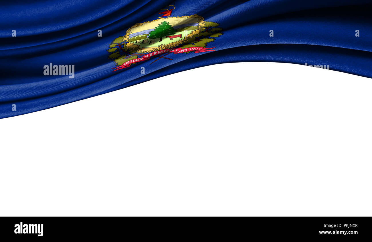 Flag DA STATI UNITI D'AMERICA su tessuto lo stato del Vermont , con copyspace per il testo o le immagini,isolati su sfondo bianco. Close up, svolazzanti sottovento. Foto Stock