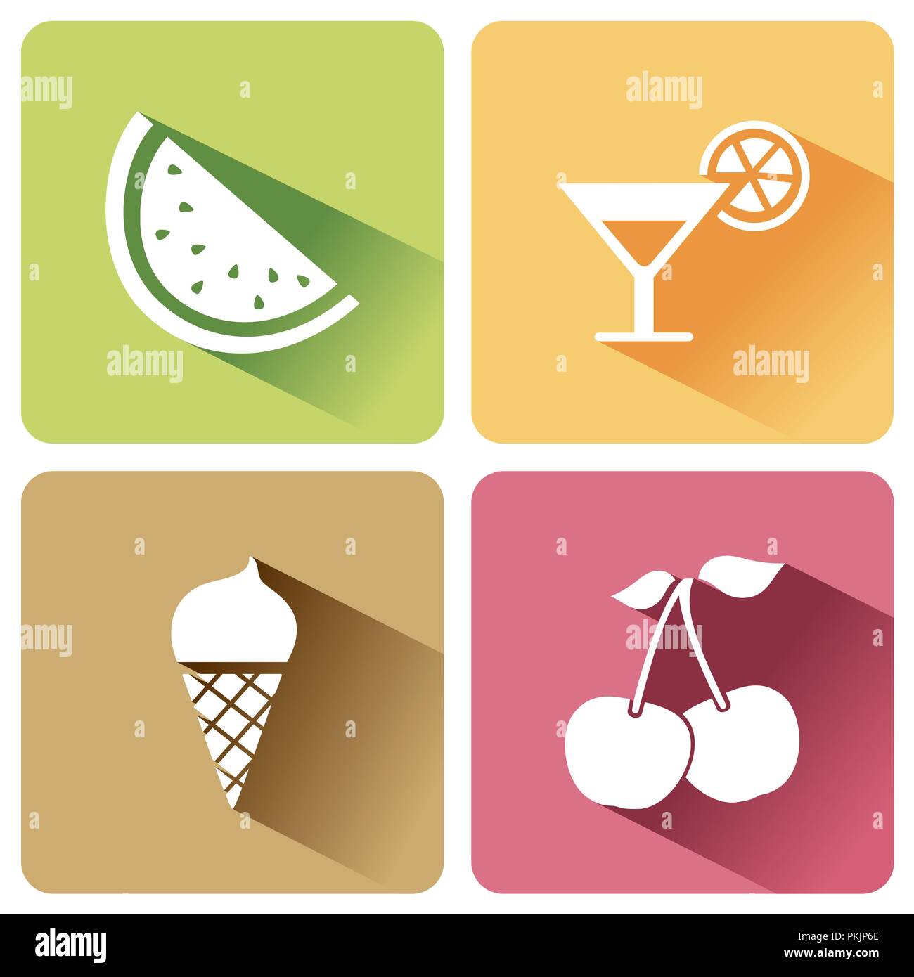 In estate le icone di alimentare con ombra su uno sfondo bianco. Illustrazione Vettoriale Illustrazione Vettoriale