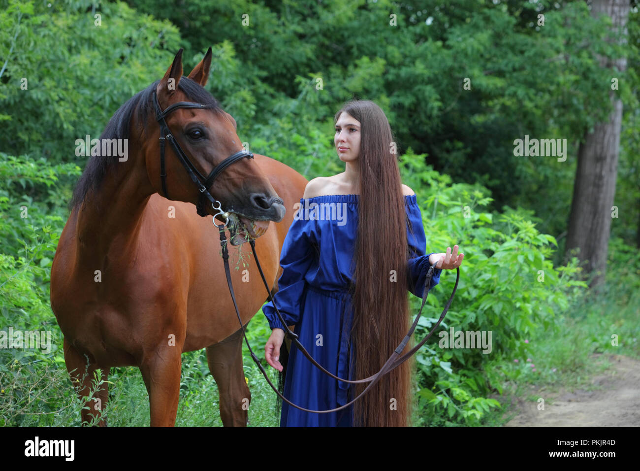 Una con i capelli lunghi ragazza in vestito blu è riding bareback horse Foto Stock