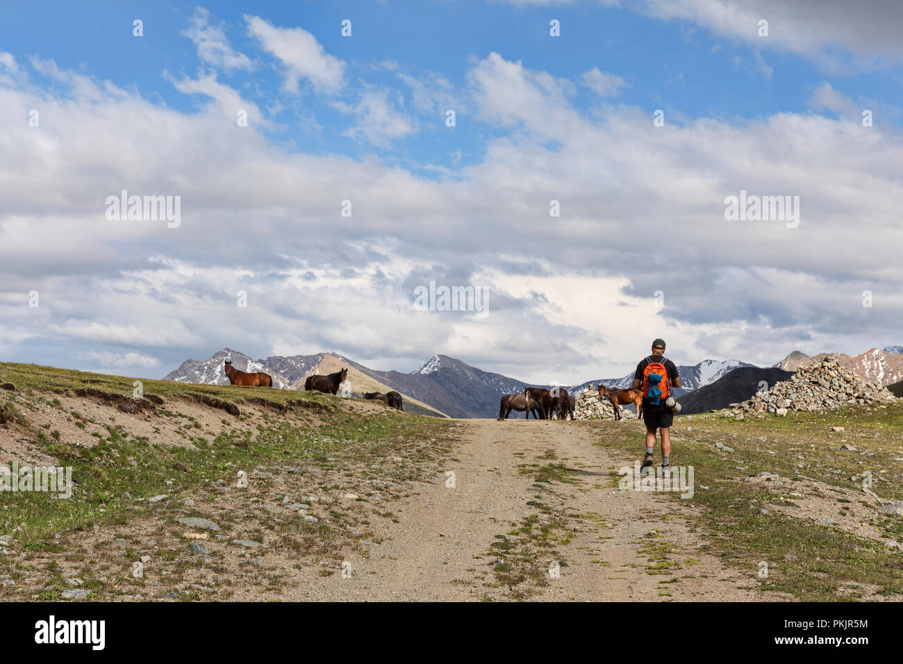 Trekker approcci 3,332m Jyrgalan Pass, Loop Keskenkyia trek, Jyrgalan, Kirghizistan Foto Stock