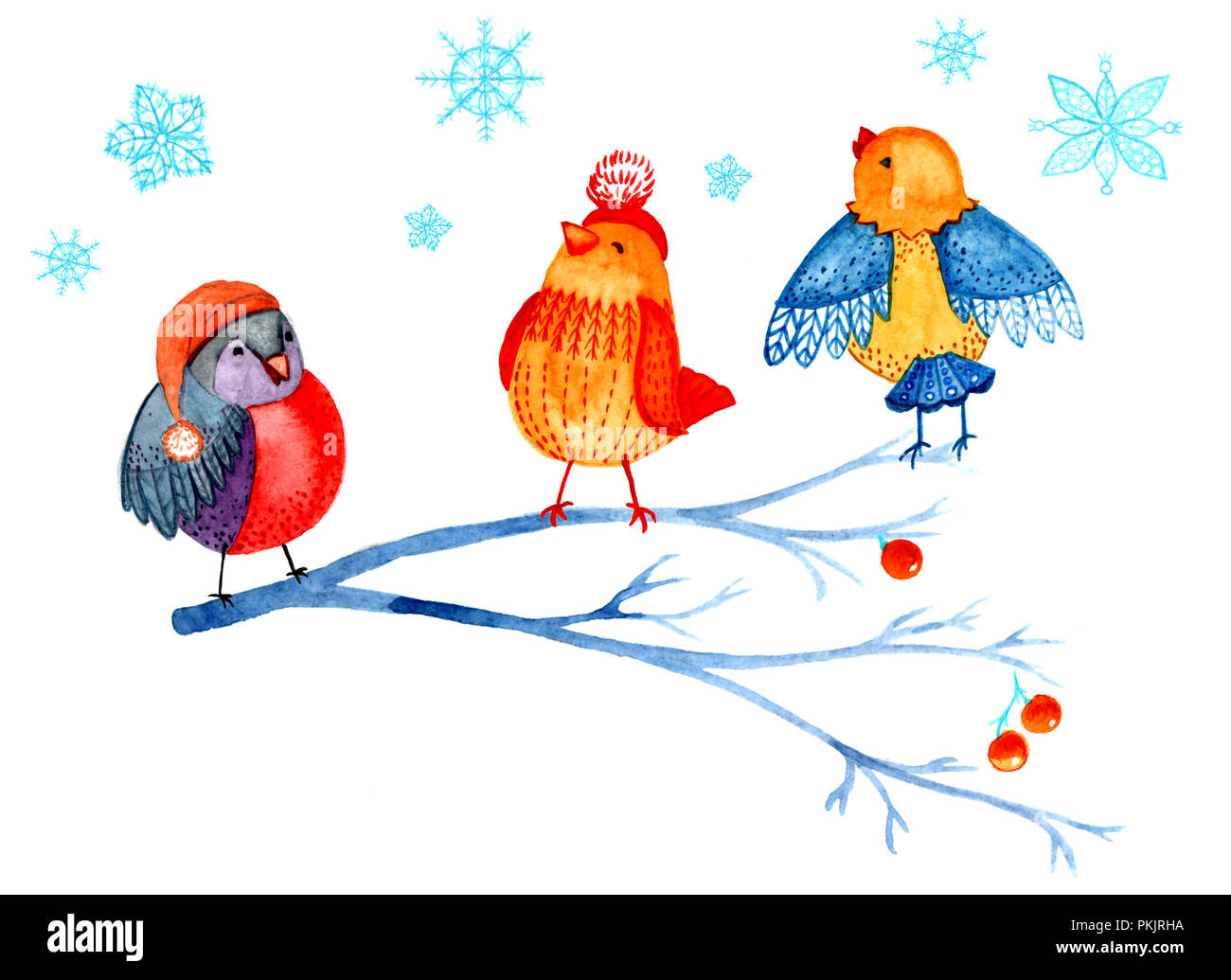 Natale clip art di acquerelli. Gli uccelli su un ramo, i fiocchi di neve su uno sfondo bianco. Modello per la progettazione di Natale Foto Stock