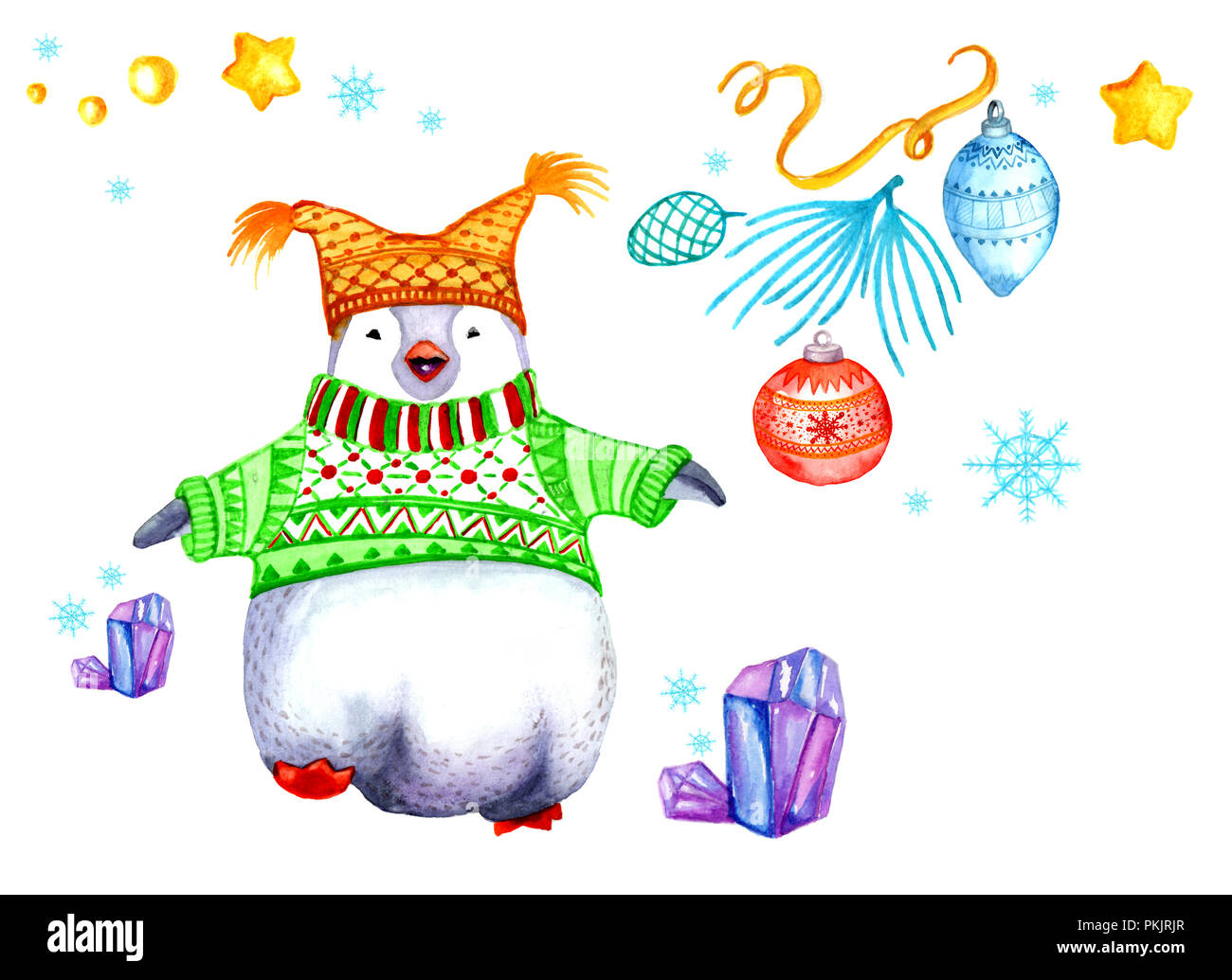 Foto di Natale con acquerelli. Il pinguino nella hat, ghiaccio, ramo di pino e Pigna, decorazioni di Natale. Foto Stock