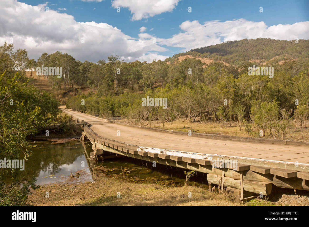 In legno curvato ponte che attraversa il fiume Clarence che fette attraverso la foresta paesaggio a Coombadja nel nord del New South Wales AUSTRALIA Foto Stock