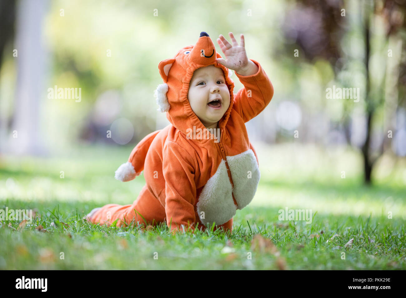 Happy Baby girl vestito in costume fox strisciando sul prato nel parco, sollevando un braccio e urlando di gioia Foto Stock