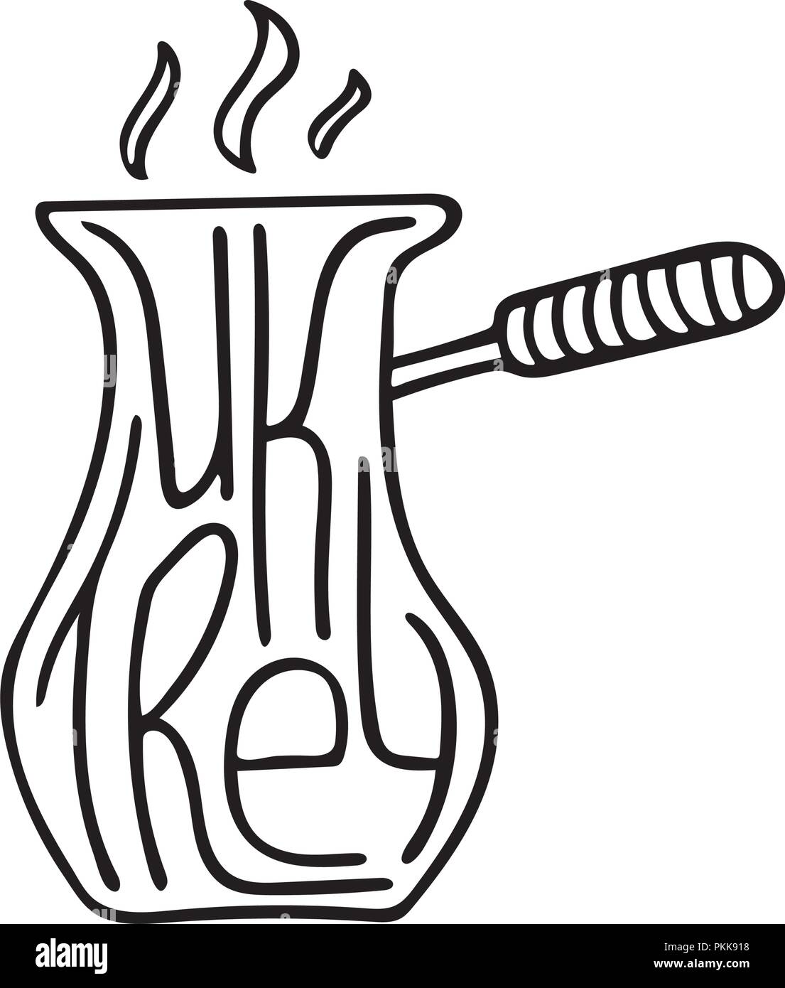 La Turchia disegnati a mano scritte nel cezve per caffè. In bianco e nero la linea tecnica. Illustrazione Vettoriale