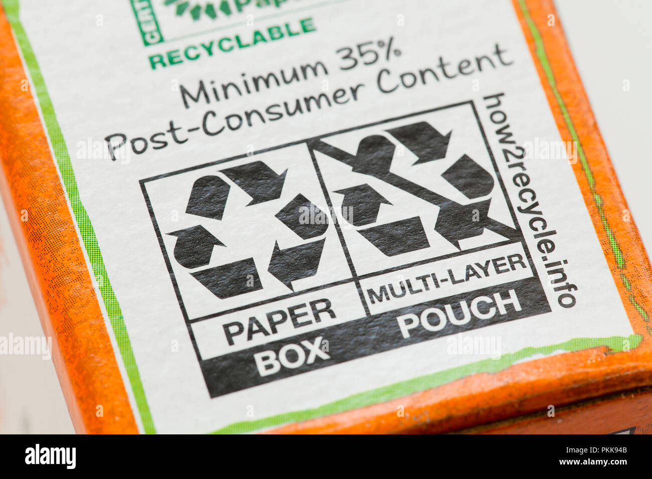 Riciclaggio della carta informazioni sul pacchetto di cibo - USA Foto Stock