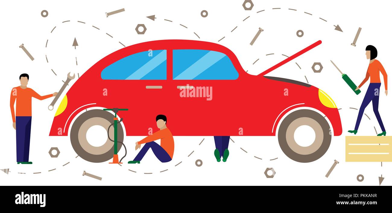 Creative illustrazione vettoriale di servizio per la riparazione di automobili. Illustrazione Vettoriale