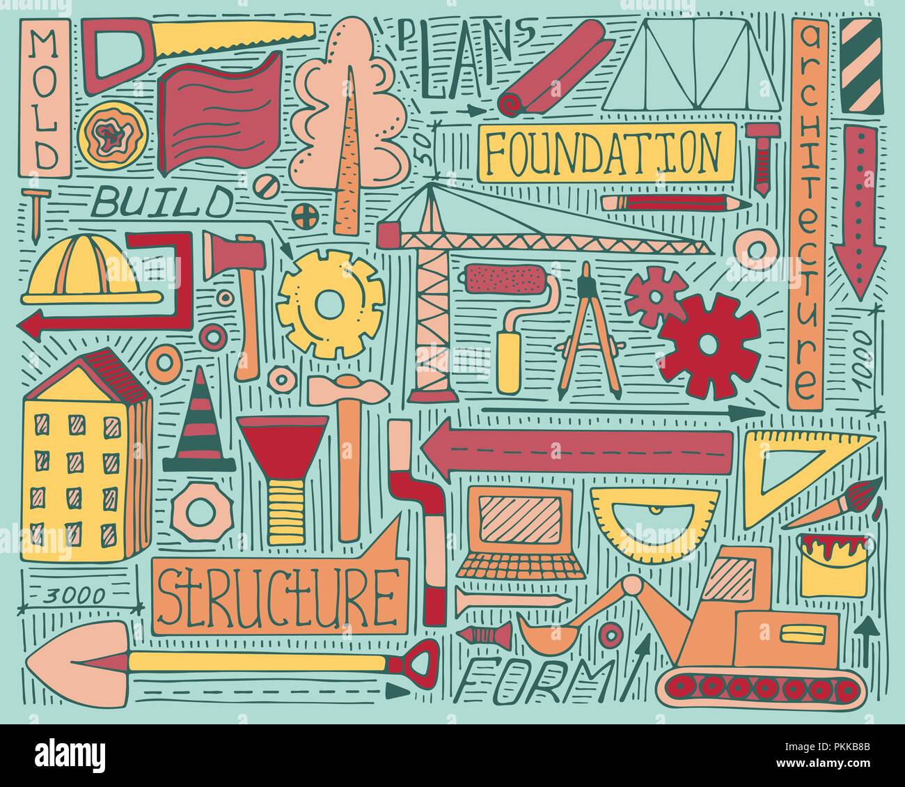 Coloratissimo doodle impostato con la costruzione, design e gli elementi del meccanismo. Illustrazione Vettoriale