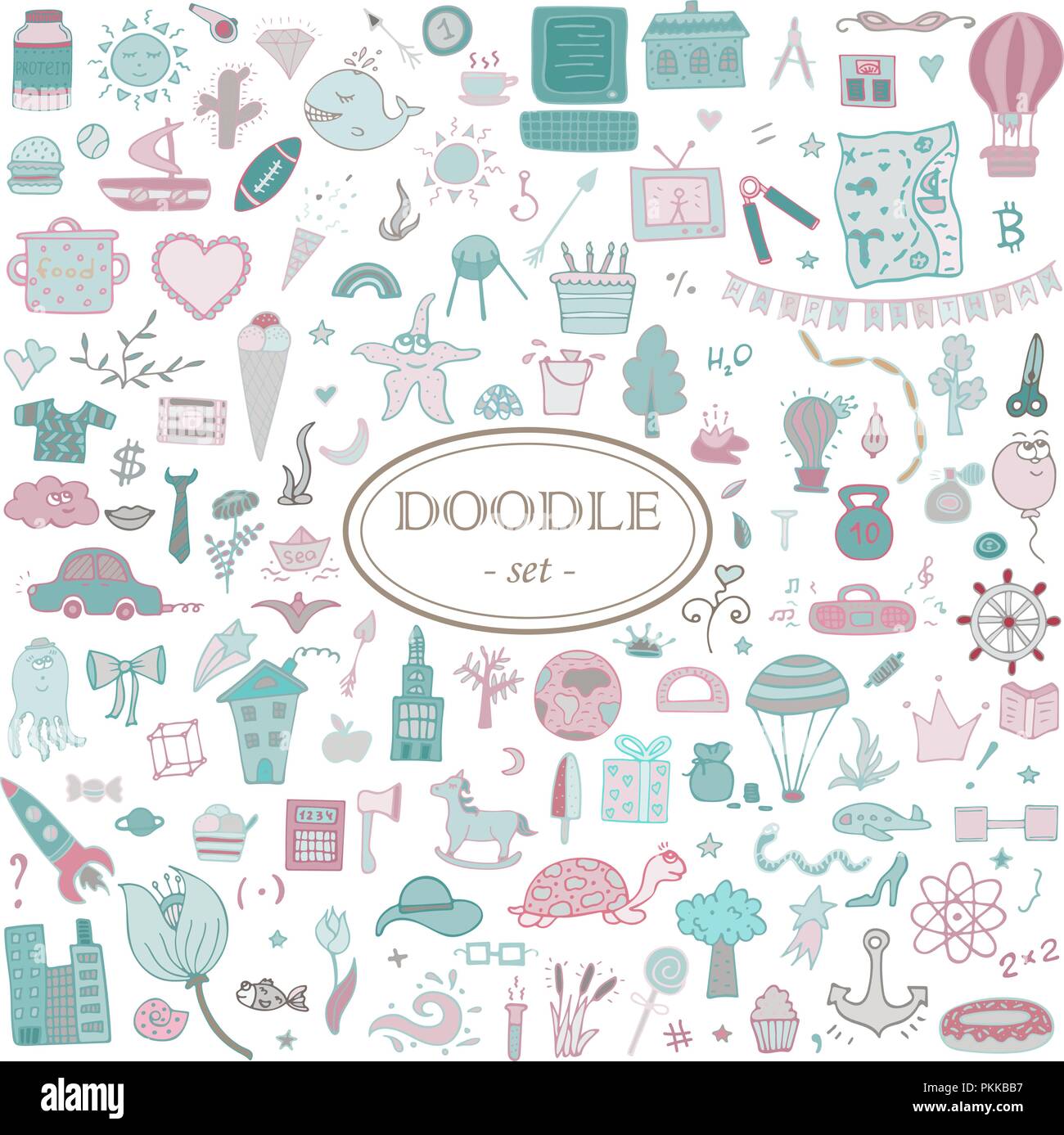 Colorata disegnati a mano doodle impostato per il design. 139 elementi. Illustrazione Vettoriale