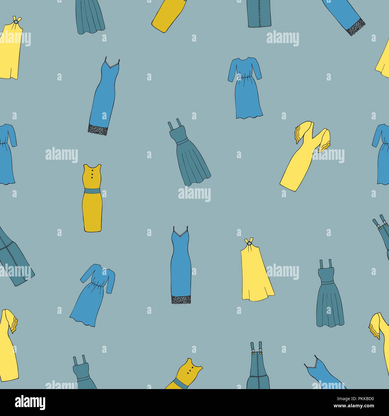 Modello senza cuciture con vestiti da donna su sfondo blu. Illustrazione Vettoriale