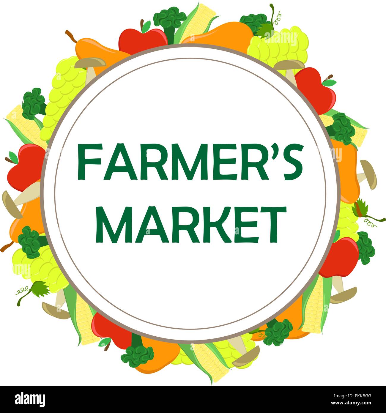 Round poster per il mercato degli agricoltori con verdure di stagione e frutta. Illustrazione Vettoriale