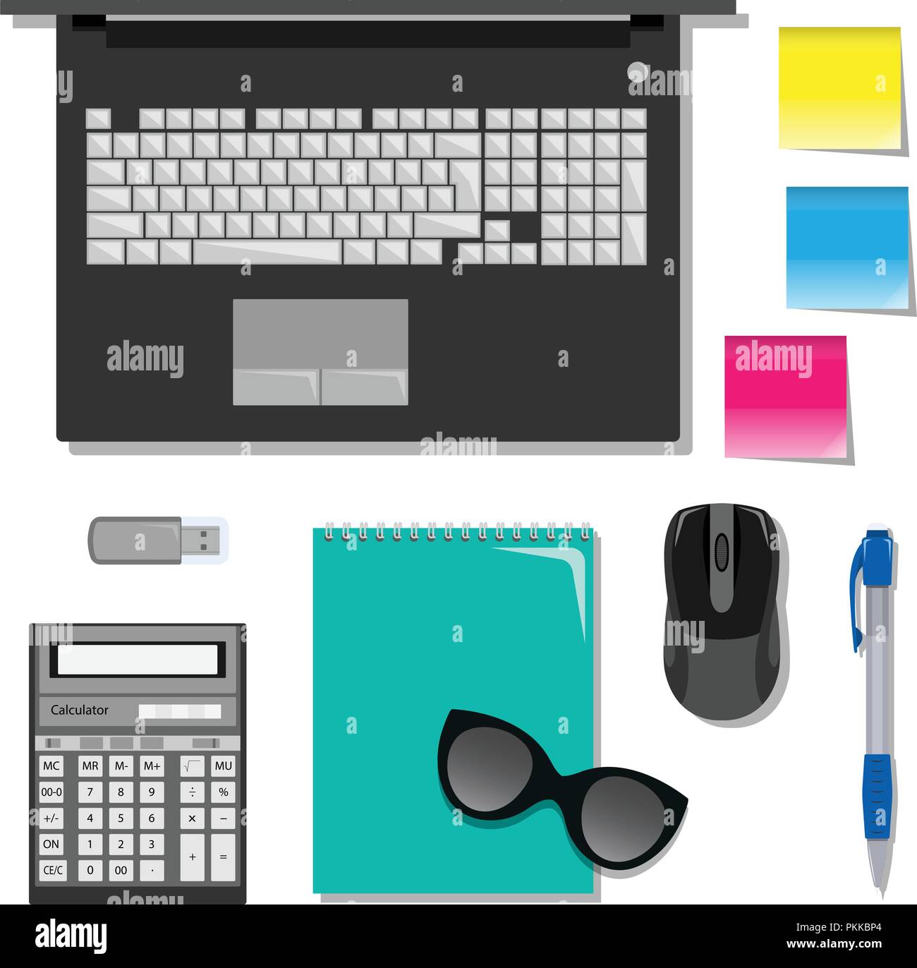 Set piatto di cancelleria sul tavolo con il computer portatile. Illustrazione Vettoriale