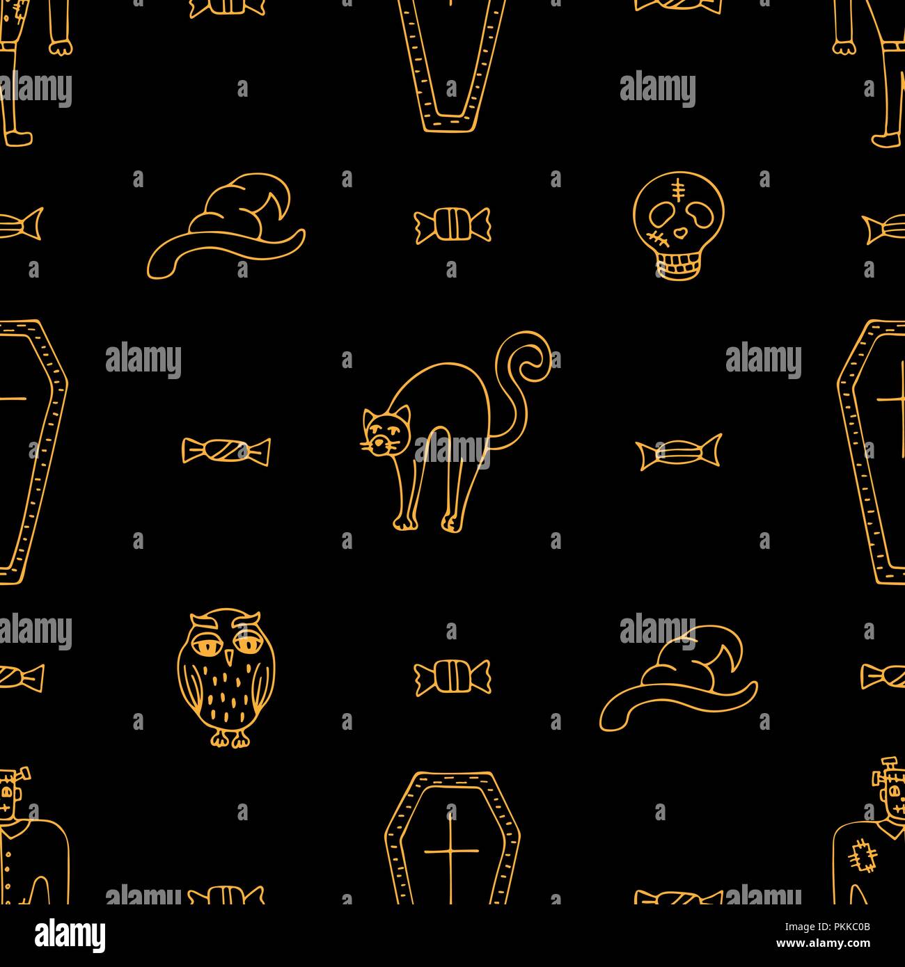 Disegnate a mano nera di Halloween seamless pattern con orange scarabocchi. Illustrazione Vettoriale