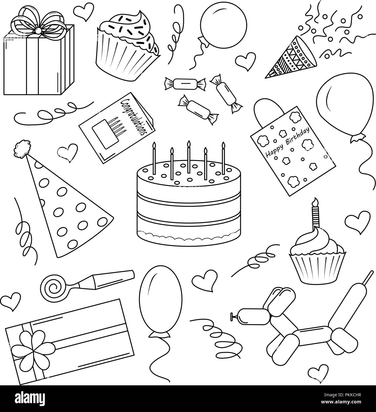 Un set di in bianco e nero degli elementi per un compleanno. Sfondo bianco. Illustrazione Vettoriale