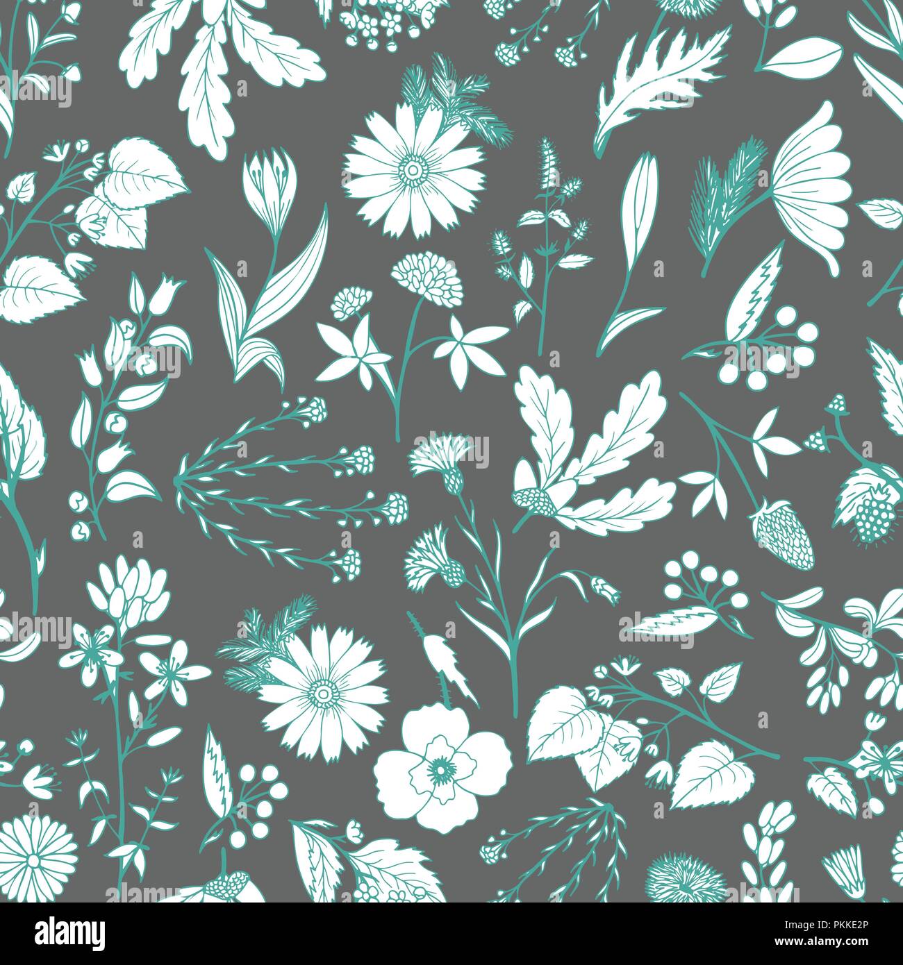 Fiore delicato seamless pattern con disegnati a mano le erbe medicinali. Illustrazione Vettoriale